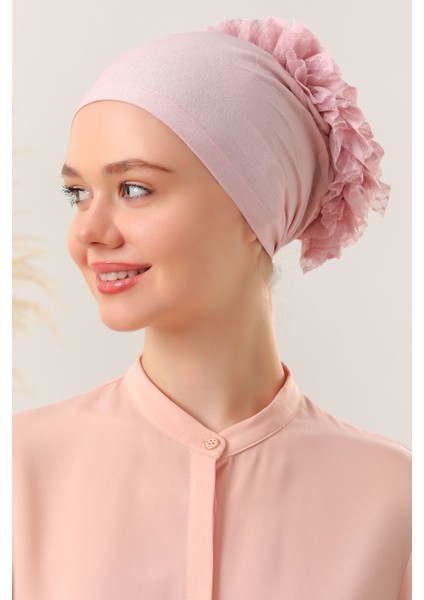 Kadın Tesettür 3'lü Fırfırlı Dikişli Bone Pudra modelleri