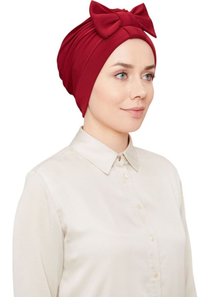 Kadın Tesettür Fiyonklu Dış Bone Hazır Türban Bordo