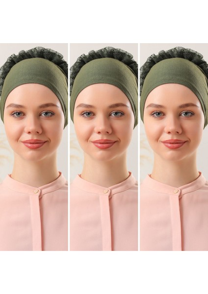 Kadın Tesettür 3'lü Fırfırlı Dikişli Topuzlu Dolgulu Dantelli Bone Haki