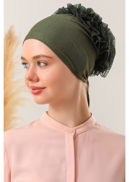 Kadın Tesettür 3'lü Fırfırlı Dikişli Topuzlu Dolgulu Dantelli Bone Haki fiyatları