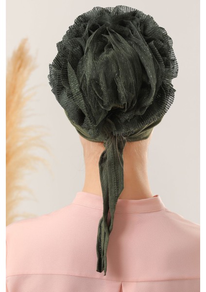 Kadın Tesettür 3'lü Fırfırlı Dikişli Topuzlu Dolgulu Dantelli Bone Haki indirimleri