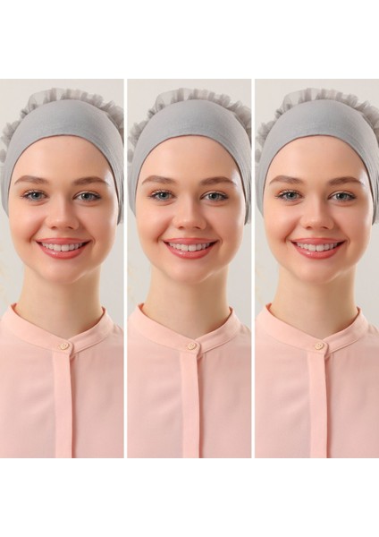 Kadın Tesettür 3'lü Fırfırlı Dikişli Bone Gri