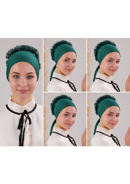 Kadın Tesettür 5'li Fırfırlı Dikişli Bone Zümrüt Yeşili