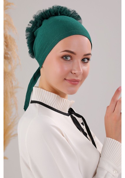 Kadın Tesettür 5'li Fırfırlı Dikişli Bone Zümrüt Yeşili modelleri