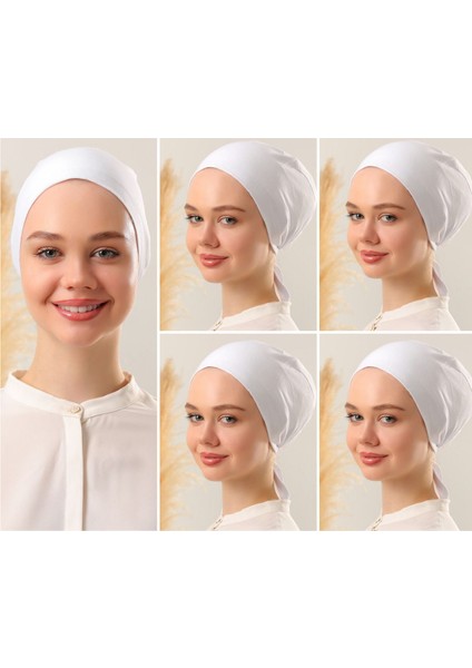 Kadın Tesettür Dikişsiz Set Bone Beyaz 5 Adet Bağlamalı Penye Bone