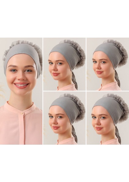 Kadın Tesettür 5'li Fırfırlı Dikişli Bone Gri