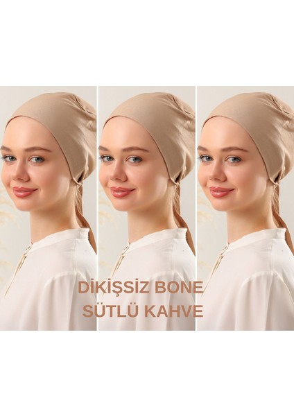 Kadın Tesettür Dikişsiz Set Bone Sütlü Kahve 3 Adet Bağlamalı Penye Bone