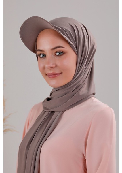 Kadın Tesettür Şapkalı Pratik Boneli Hazır Şal Vizon