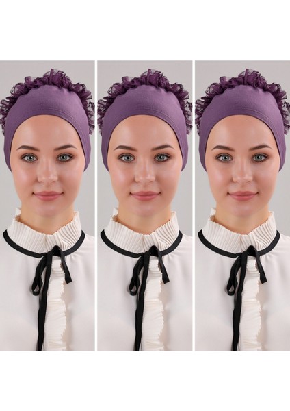 Kadın Tesettür 3'lü Fırfırlı Dikişli Bone Mor