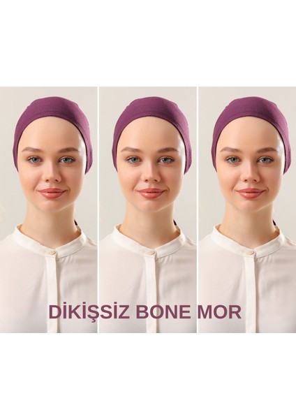 Kadın Tesettür Dikişsiz Set Bone Mor 3 Adet Bağlamalı Penye Bone
