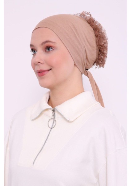 Kadın Tesettür Fırfırlı Dikişli Penye Bone Sütlükahve
