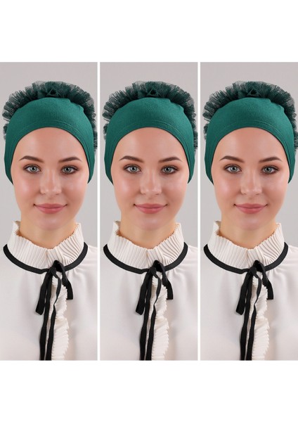 Kadın Tesettür 3'lü Fırfırlı Dikişli Bone Zümrüt Yeşili