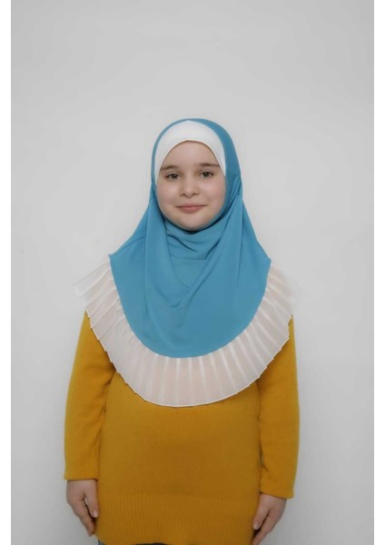 Tesettür Çocuk Pileli Namaz Bonesi Eşarbı Şalı Hijabı Indigo