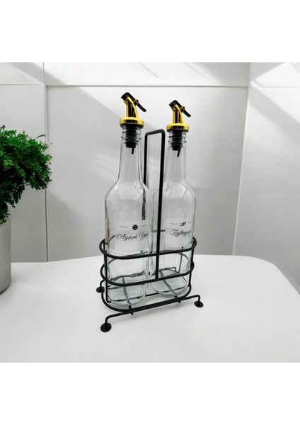 Siyah Metal Standlı 2'li Zeytinyağı ve Ayçiçek Yağı Şişesi Set (Gold Kapak)