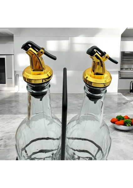 Siyah Metal Standlı 2'li Zeytinyağı ve Ayçiçek Yağı Şişesi Set (Gold Kapak)