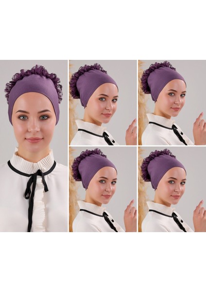Kadın Tesettür 5'li Fırfırlı Dikişli Bone Mor