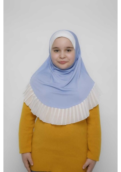 Tesettür Çocuk Pileli Namaz Bonesi Eşarbı Şalı Hijabı Mavi