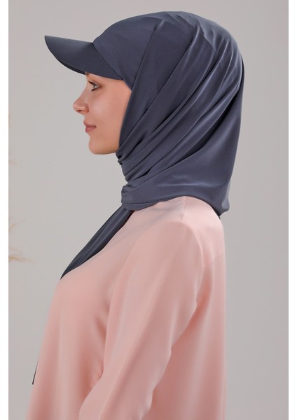 Kadın Tesettür Şapkalı Pratik Boneli Hazır Şal Koyu Gri Antrasit modelleri