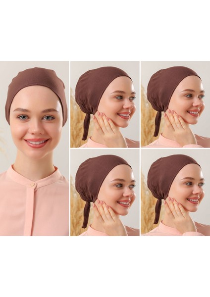 Kadın Tesettür Dikişli Set Bone Kahverengi 5 Adet Bağlamalı Penye Bone