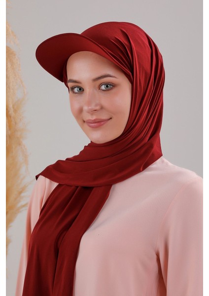 Kadın Tesettür Şapkalı Pratik Boneli Hazır Şal Bordo