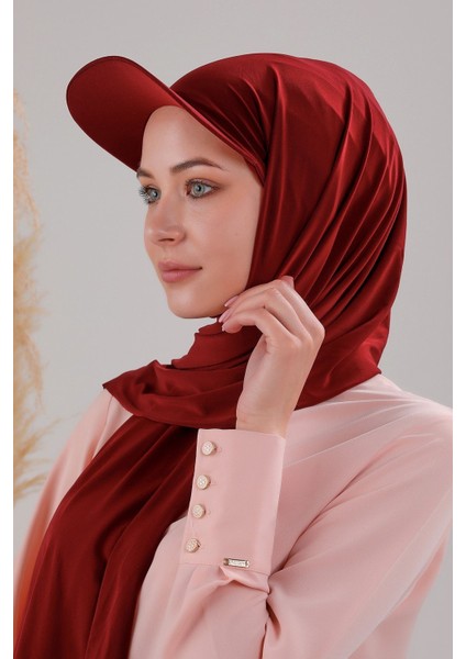 Kadın Tesettür Şapkalı Pratik Boneli Hazır Şal Bordo fiyatları