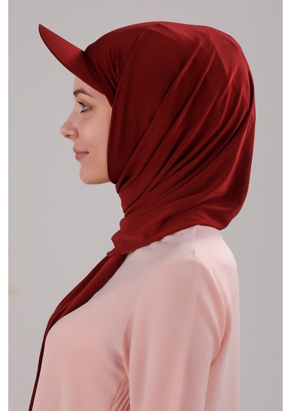 Kadın Tesettür Şapkalı Pratik Boneli Hazır Şal Bordo modelleri