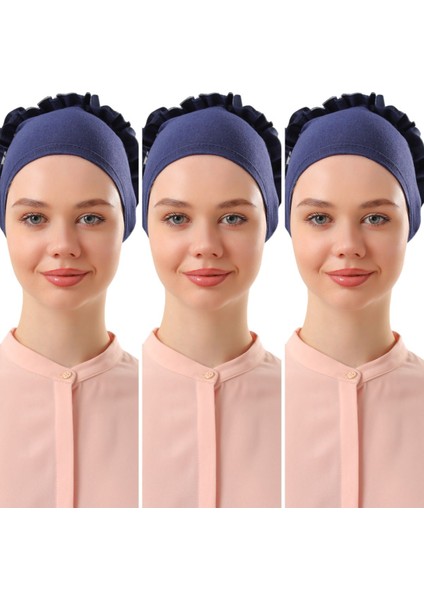 Kadın Tesettür 3'lü Fırfırlı Dikişli Bone Lacivert