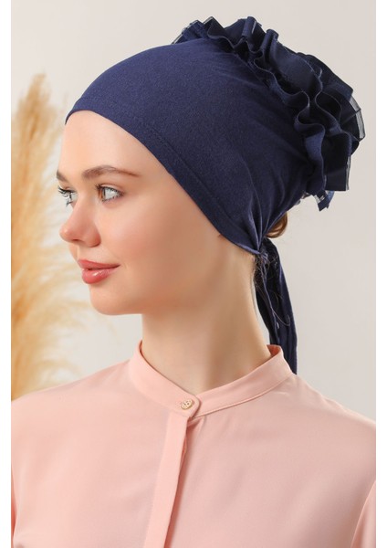 Kadın Tesettür 3'lü Fırfırlı Dikişli Bone Lacivert fiyatları