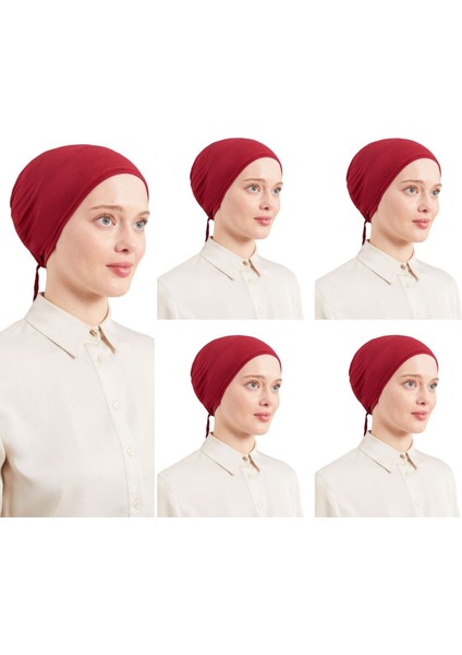 Kadın Tesettür Dikişsiz Set Bone Bordo 5 Adet Bağlamalı Penye Bone