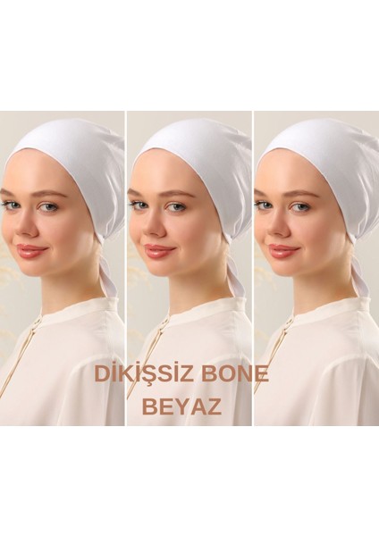 Kadın Tesettür Dikişsiz Set Bone Beyaz 3 Adet Bağlamalı Penye Bone