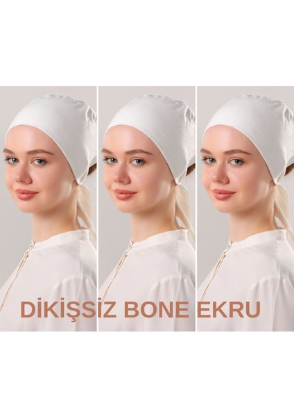 Kadın Tesettür Dikişsiz Set Bone Ekru 3 Adet Bağlamalı Penye Bone