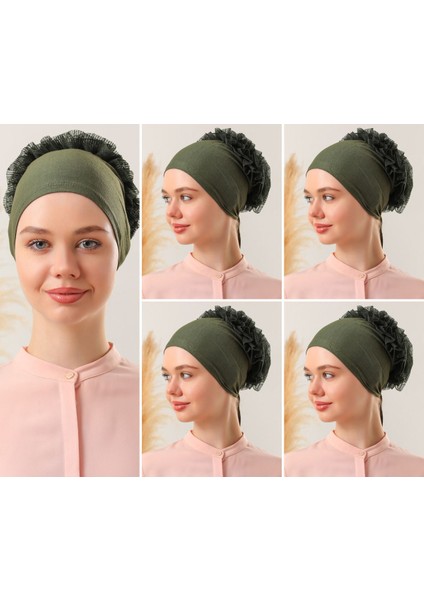 Kadın Tesettür 5'li Fırfırlı Dikişli Bone Haki