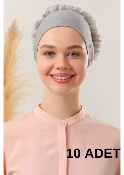 Kadın Tesettür 10'lu Fırfırlı Dikişli Bone Gri