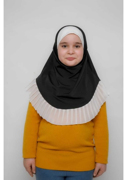 Tesettür Çocuk Pileli Namaz Bonesi Eşarbı Şalı Hijabı Siyah
