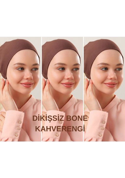 Kadın Tesettür Dikişsiz Set Bone Kahverengi 3 Adet Bağlamalı Penye Bone