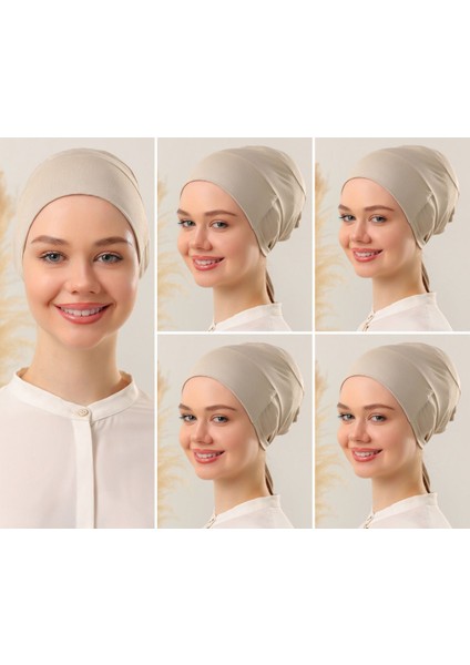 Kadın Tesettür Dikişsiz Set Bone Bej 5 Adet Bağlamalı Penye Bone