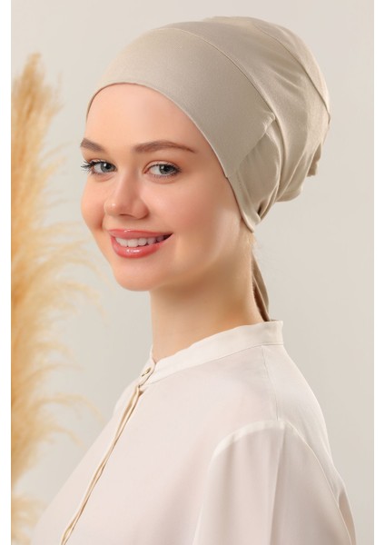 Kadın Tesettür Dikişli Set Bone Bej 5 Adet Bağlamalı Penye Bone modelleri