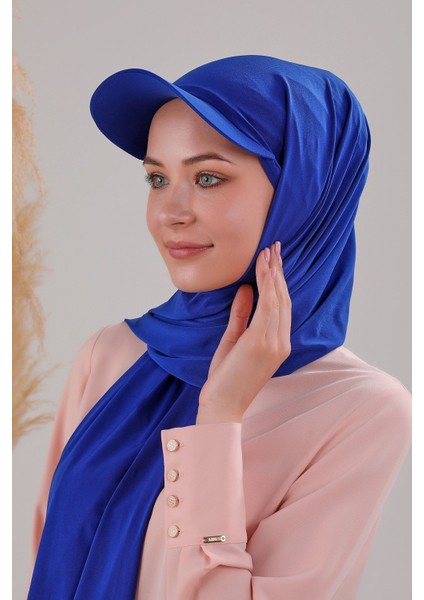 Kadın Tesettür Şapkalı Pratik Boneli Hazır Şal Saks Mavisi fiyatları