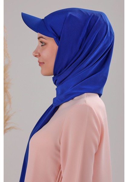 Kadın Tesettür Şapkalı Pratik Boneli Hazır Şal Saks Mavisi modelleri