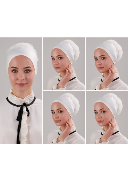 Kadın Tesettür 5'li Fırfırlı Dikişli Bone Ekru