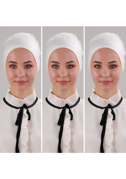 Kadın Tesettür 3'lü Fırfırlı Dikişli Bone Ekru