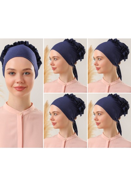 Kadın Tesettür 5'li Fırfırlı Dikişli Bone Lacivert