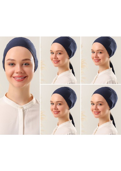 Kadın Tesettür Dikişli Set Bone Lacivert 5 Adet Bağlamalı Penye Bone