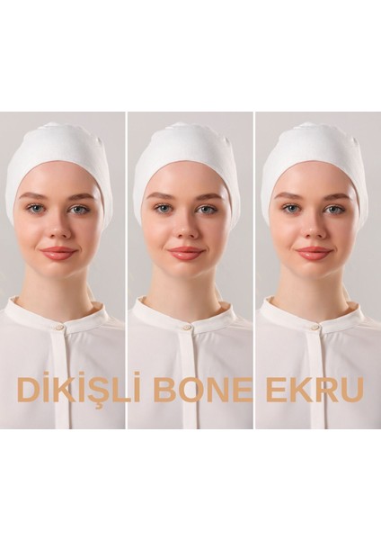 Kadın Tesettür Dikişli Set Bone Ekru 3 Adet Bağlamalı Penye Bone