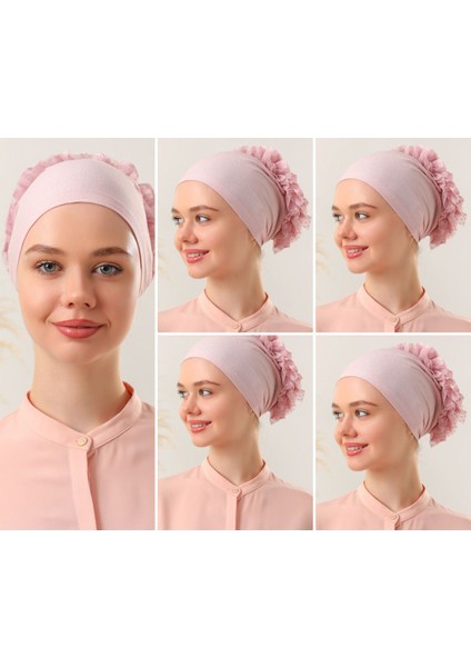 Kadın Tesettür 5'li Fırfırlı Dikişli Bone Pudra