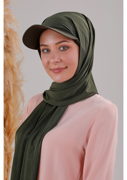 Kadın Tesettür Şapkalı Pratik Boneli Hazır Şal Haki