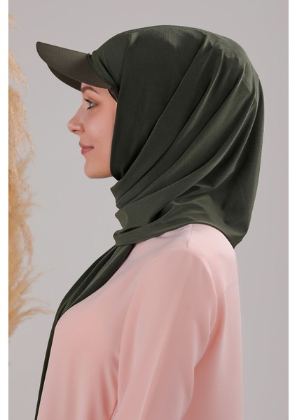 Kadın Tesettür Şapkalı Pratik Boneli Hazır Şal Haki modelleri