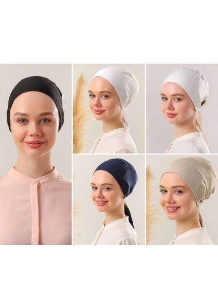 Kadın Tesettür Dikişsiz Set Bone Siyah Beyaz Ekru Lacivert Bej 5 Adet Bağlamalı Penye Bone