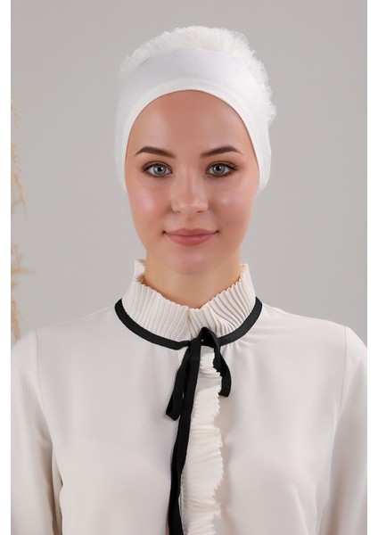 Kadın Tesettür 3'lü Fırfırlı Dikişli Bone Ekru modelleri