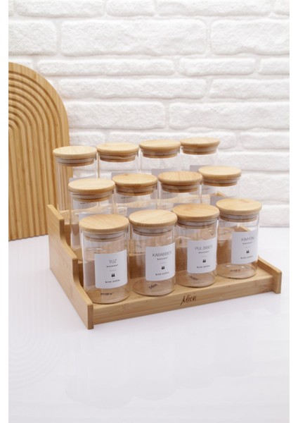 Bambu Stant'lı & 12'li Cam Baharatlık Seti 300ML